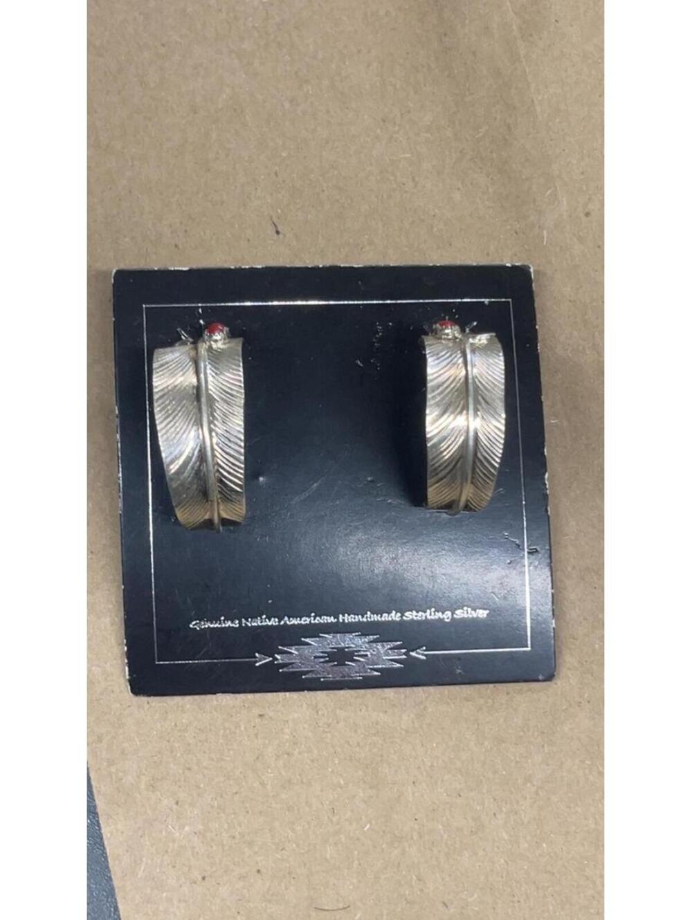 Navajo coral cluster feather design earrings sterling silver -Begay